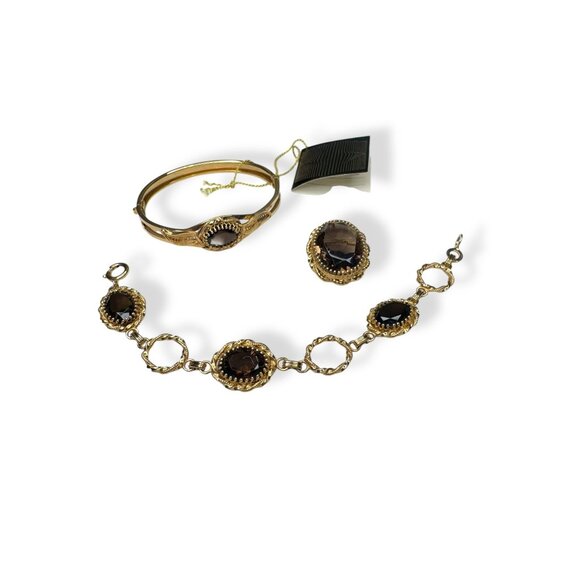 L Fonts 12K GF Smoky Quartz Jewelry Set Bangle Bracelet Brooch Pendant - Picture 1 of 16